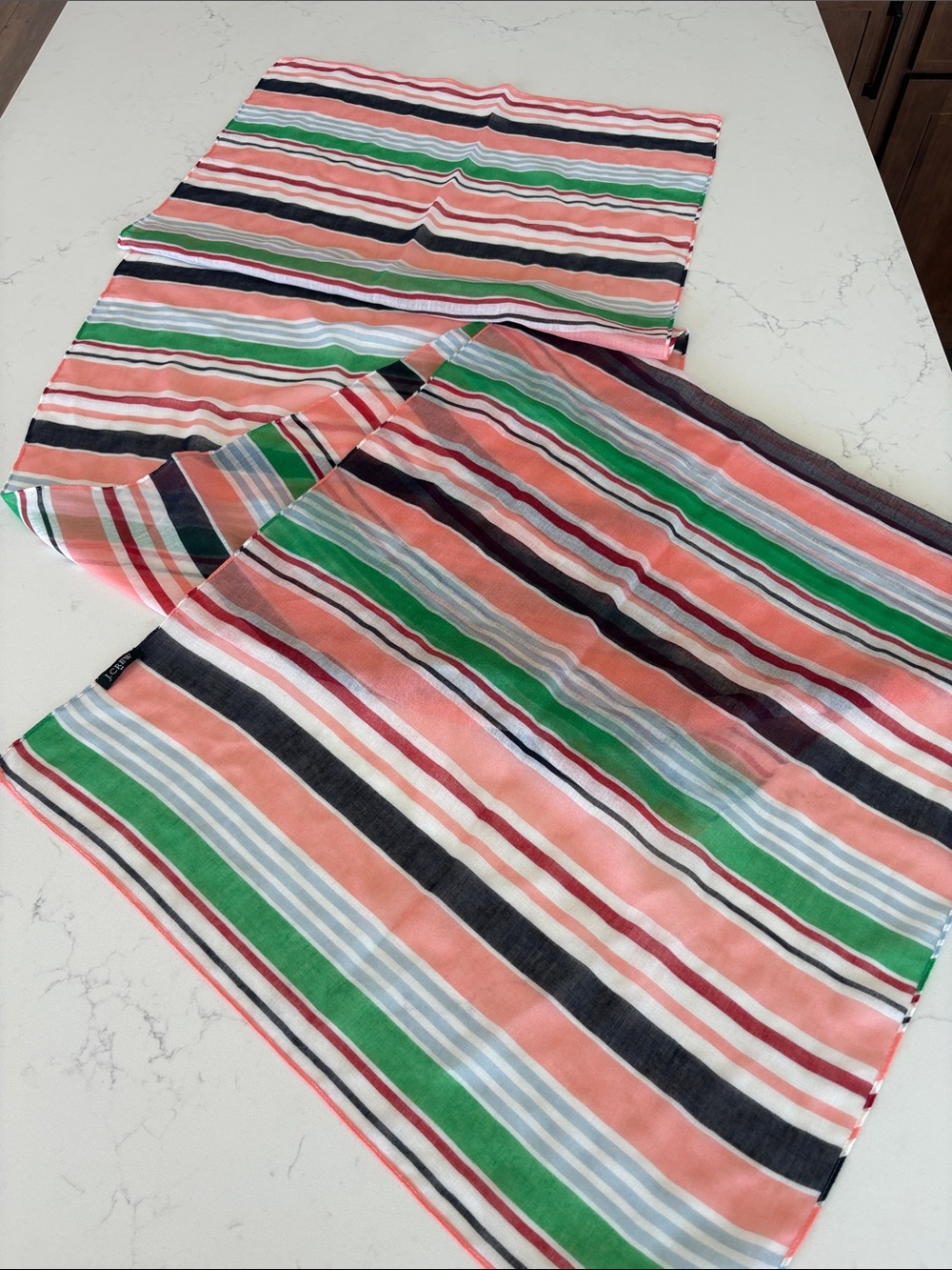 J. Crew Coral, Green, Navy & White Striped Lightweight Scarf
